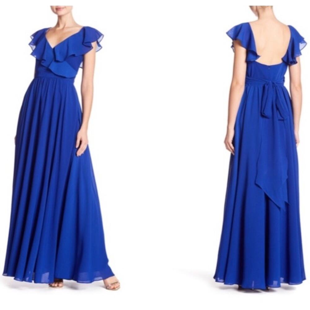 NWT Carmen Marc Valvo Ruffle Back Tie Gown Cobalt Blue Size 12 Bridesmaid Dress